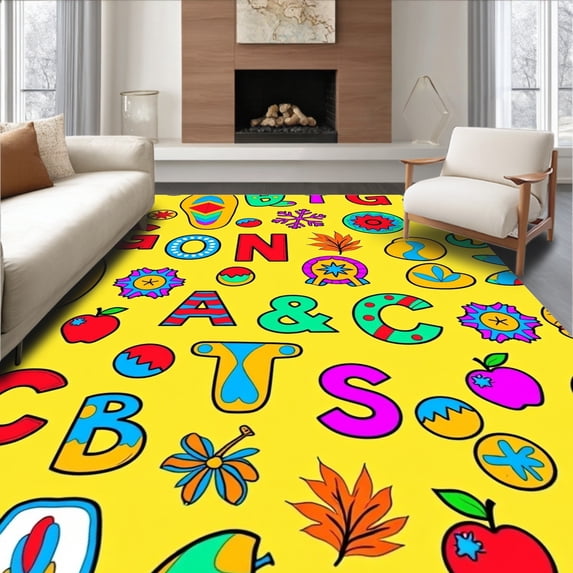 ODIKA 4'x6' Machine Washable Non-Slip Area Rug, Learning Adventure Alphabet Discovery with Letters Numbers Seasons High Traffic Rug with Pad, Yellow, 695438