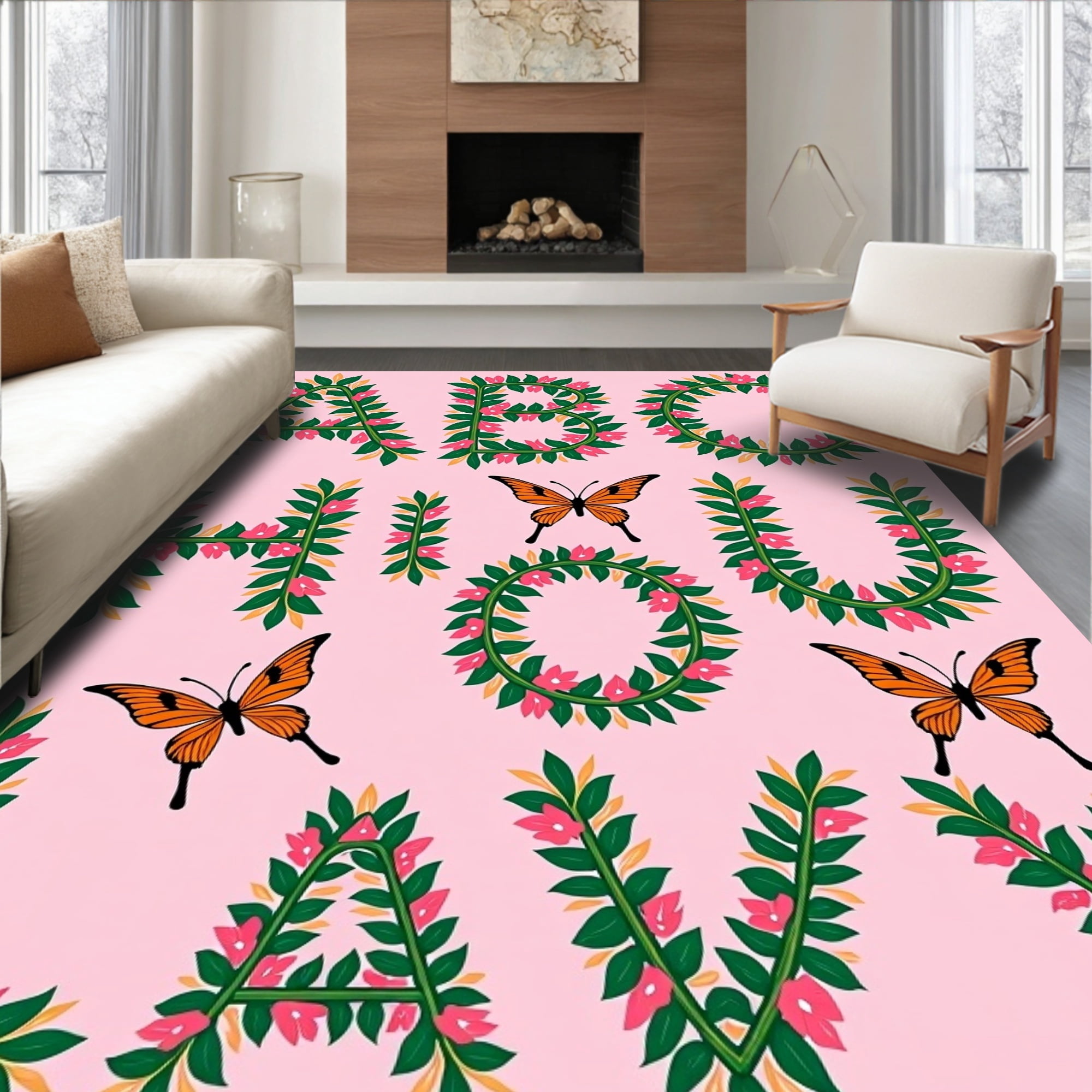 Pink Rug Alphabet ODIKA 4x6 Machine Washable Non-Slip Area Rug, Learning Garden Alphabet ...