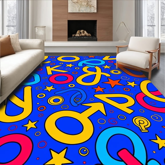 ODIKA 4'x6' Machine Washable Non-Slip Area Rug, Letter Swirl Featuring Playful Numeric Icons High Traffic Rug, Blue, 687240