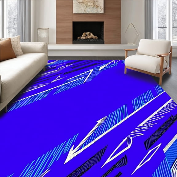 ODIKA 4'x6' Machine Washable Non-Slip Area Rug, Lightning Bolt Racing Stripe Decorative Non Slip High Traffic Rug, Blue, 674608