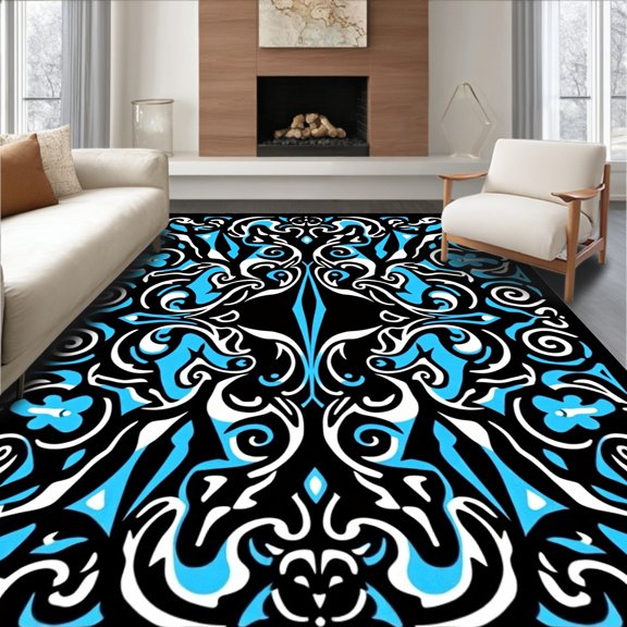 ODIKA 4'x6' Machine Washable Non-Slip Area Rug, Lions Abstract Banner with Flourishes High Traffic Rug, Black, 669499