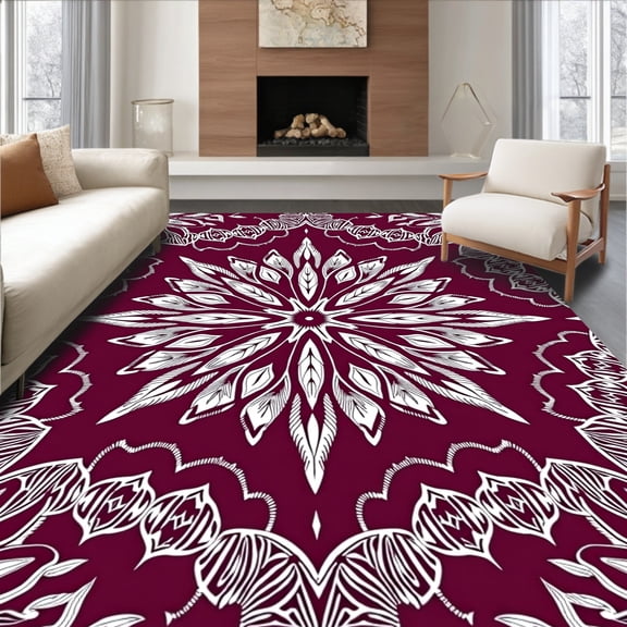 ODIKA 4'x6' Machine Washable Non-Slip Area Rug, Lotus Bloom with Interlocking Petals High Traffic Rug, Red, 715816