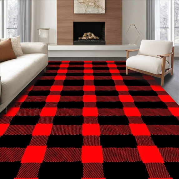 ODIKA 4'x6' Machine Washable Non-Slip Area Rug, Lumberjack Plaid Christmas Tree Base Cover Cottage Chic Design High Traffic Rug, Red, 624690