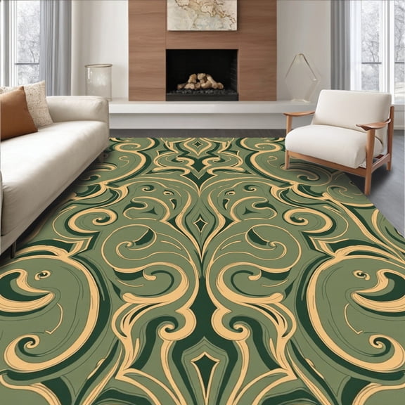 ODIKA 4'x6' Machine Washable Non-Slip Area Rug, Lush Meadow Wavy Lattice Interlocking Swirl Deluxe High Traffic Rug, Green, 579449