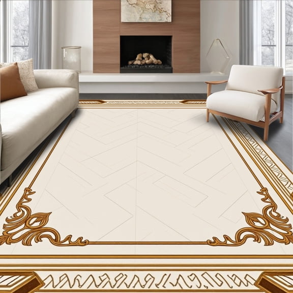 ODIKA 4'x6' Machine Washable Non-Slip Area Rug, Luxe Zigzag Bordered Elegant Innovative Architectural Inspired High Traffic Rug, Beige, 585758