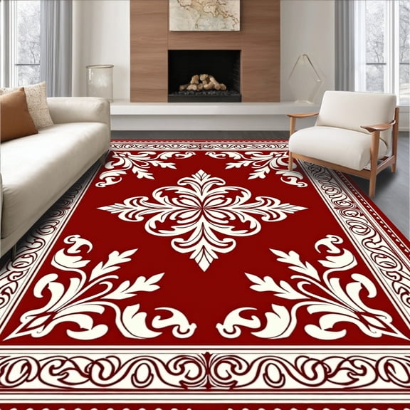 ODIKA 4'x6' Machine Washable Non-Slip Area Rug, Luxurious Baroque Scroll Damask Jacquard High Traffic Rug, Red, 658469