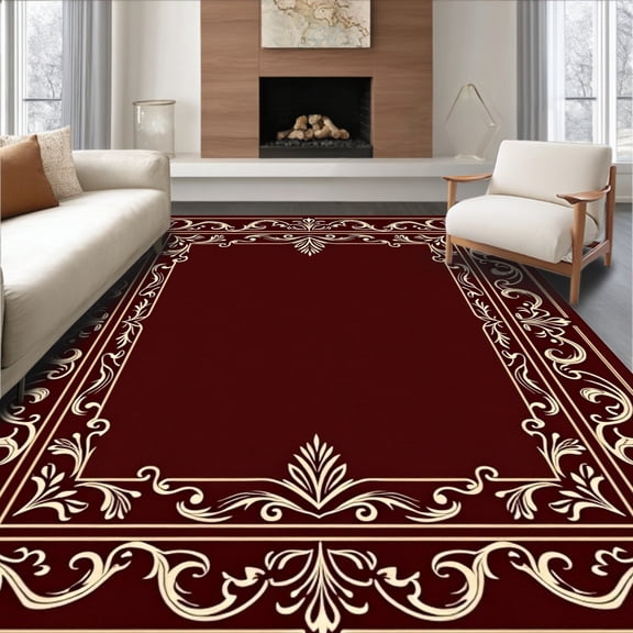 ODIKA 4'x6' Machine Washable Non-Slip Area Rug, Luxurious Damask Floral Jacquard Embossed Ornamental High Traffic Rug, Red, 605534