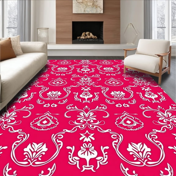 ODIKA 4'x6' Machine Washable Non-Slip Area Rug, Luxurious Damask Swirl Jacquard Embellished Textile High Traffic Rug, Red, 545418