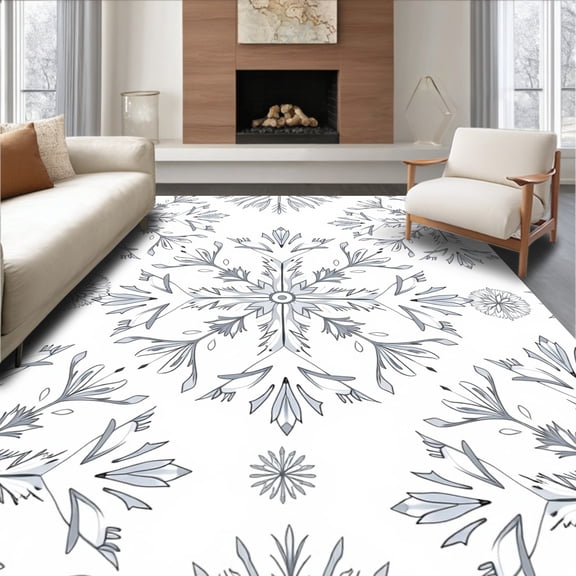 ODIKA 4'x6' Machine Washable Non-Slip Area Rug, Luxurious Faux Snowflake Elegance Holiday Celebration Festive Base Cover High Traffic Rug, Gray, 629612