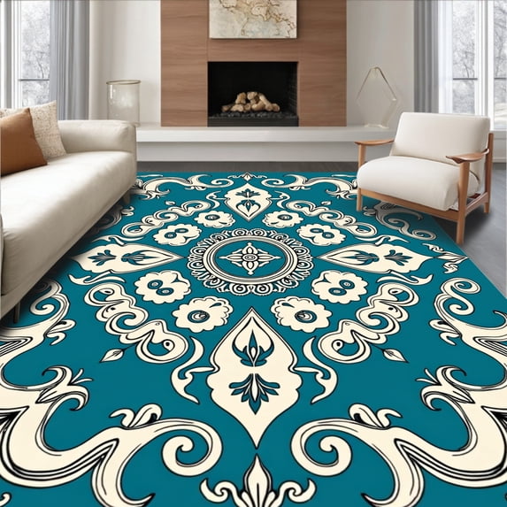 ODIKA 4'x6' Machine Washable Non-Slip Area Rug, Luxurious Medallion Swirl Ornate Decorative Elegant Fancy Vintage High Traffic Rug with Pad, Blue, 532558