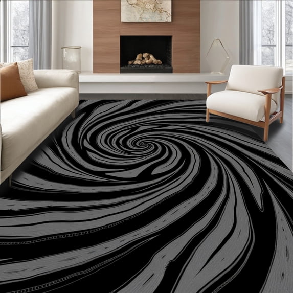 ODIKA 4'x6' Machine Washable Non-Slip Area Rug, Luxurious Spiral Swirl Vortex Dense Pile Artistic High Traffic Rug, Black, 568471