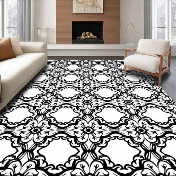 ODIKA 4'x6' Machine Washable Non-Slip Area Rug, Luxurious Wavy Cascade Lattice Plush Shag High Traffic Rug, Black, 555994