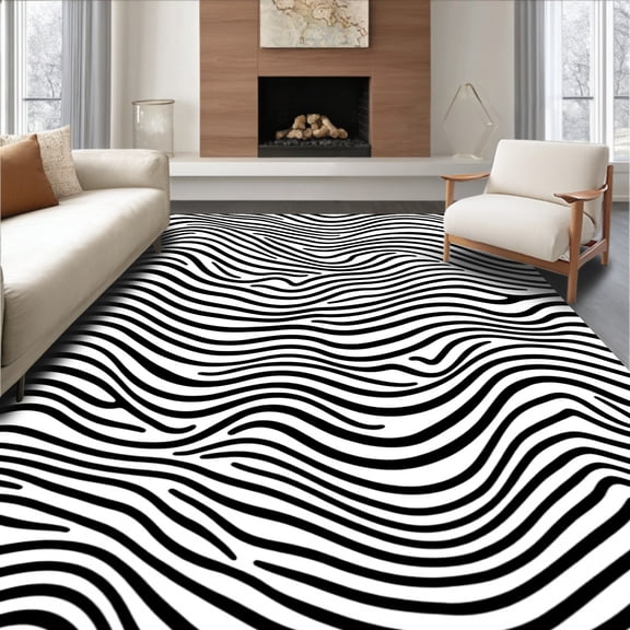 ODIKA 4'x6' Machine Washable Non-Slip Area Rug, Luxurious Wavy Striped Zigzag Decorative Elegant Stylish High Traffic Rug, Black, 522050