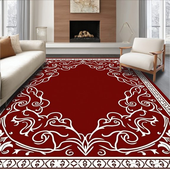ODIKA 4x6 Machine Washable Non-Slip Area Rug, Luxurious Winterscape Baroque Jewel High Traffic Rug, Red, 614256