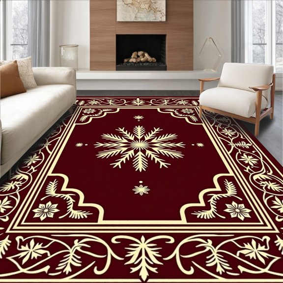 ODIKA 4'x6' Machine Washable Non-Slip Area Rug, Luxurious Yuletide Treasure Showcasing Ornamental Flakes High Traffic Rug, Red, 616820