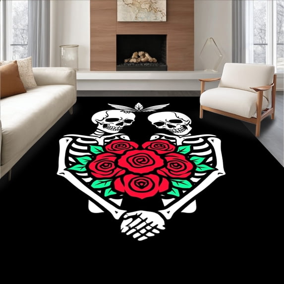 ODIKA 4'x6' Machine Washable Non-Slip Area Rug, Macabre Romance Bathroom Featuring Eternal Devotion Motif High Traffic Rug with Pad, Red, 656737