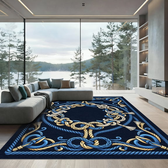 ODIKA 4'x6' Machine Washable Non-Slip Area Rug, Macrame Navy Blue High Traffic Rug, Blue, 1249941