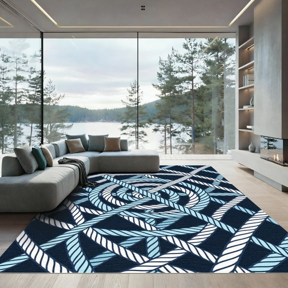 ODIKA 4x6 Machine Washable Non-Slip Area Rug, Macrame Navy Blue High Traffic Rug, Blue, 1281196