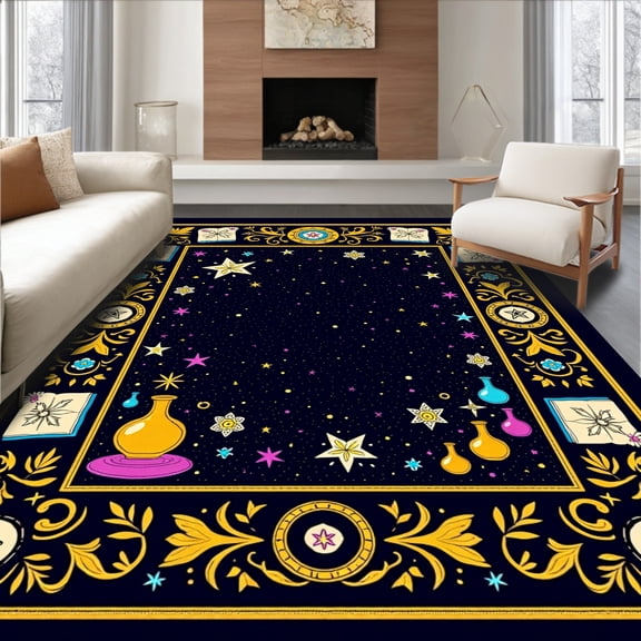 ODIKA 4'x6' Machine Washable Non-Slip Area Rug, Magical Academy Wizardry Spellcasting Enchanted Illustration High Traffic Rug, Black, 699943