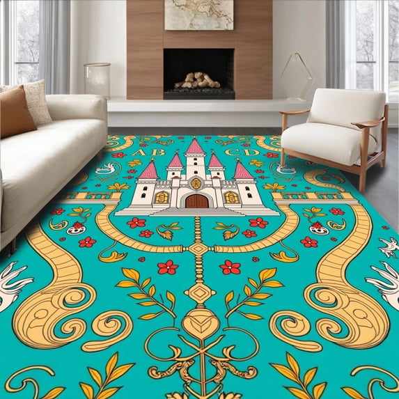 ODIKA 4'x6' Machine Washable Non-Slip Area Rug, Magical Alphabet Circular Playspace With Fantastical High Traffic Rug with Pad, Turquoise, 696083