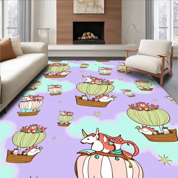 ODIKA 4'x6' Machine Washable Non-Slip Area Rug, Magical Flying Creatures Voyage Cloud Journey High Traffic Rug, Purple, 682564
