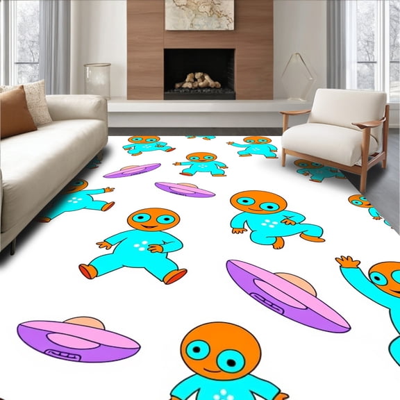 ODIKA 4'x6' Machine Washable Non-Slip Area Rug, Magical Galaxy Explorer Featuring Friendly Alien Characters High Traffic Rug, Blue, 723726