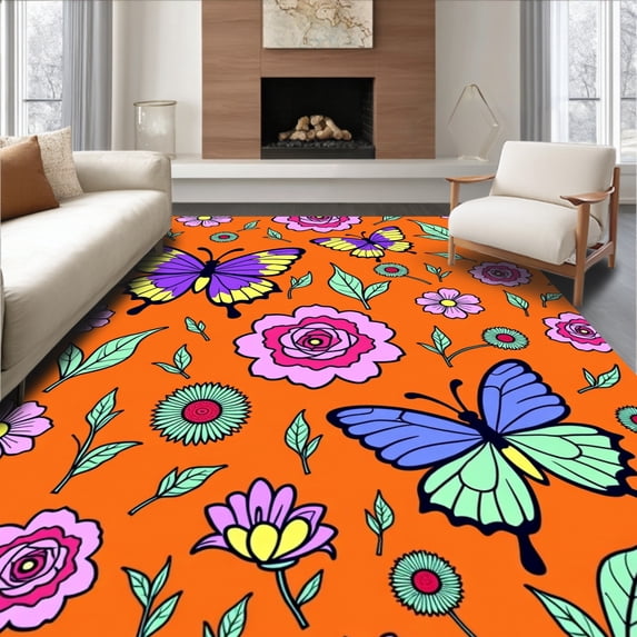 ODIKA 4'x6' Machine Washable Non-Slip Area Rug, Magical Garden Floral Decorative High Traffic Rug with Pad, Orange, 655706