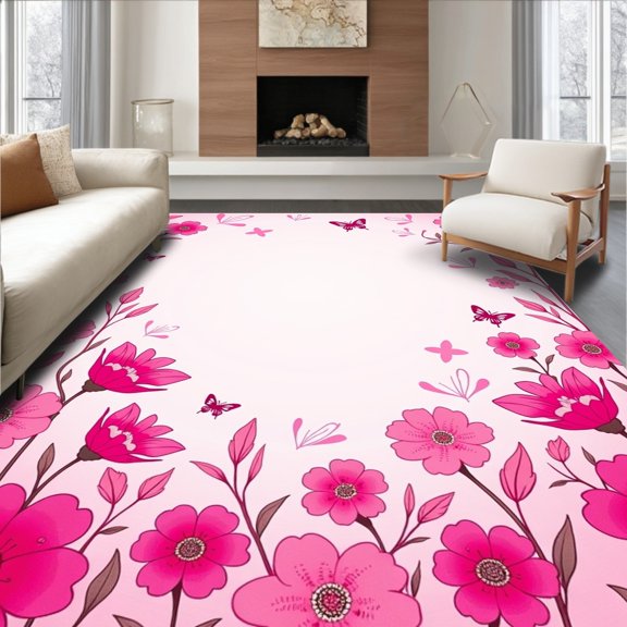 ODIKA 4x6 Machine Washable Non-Slip Area Rug, Magical Garden Wonderland Artistic Bloom High Traffic Rug, Pink, 542621