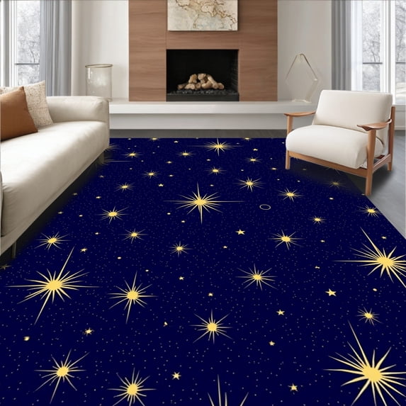 ODIKA 4'x6' Machine Washable Non-Slip Area Rug, Magical Night Sparkling Celestial Embellishment High Traffic Rug, Blue, 731571