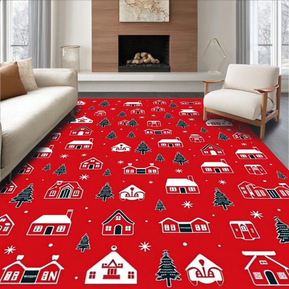 ODIKA 4'x6' Machine Washable Non-Slip Area Rug, Magical North Pole Wonderland Festive Accent High Traffic Rug, Red, 610123