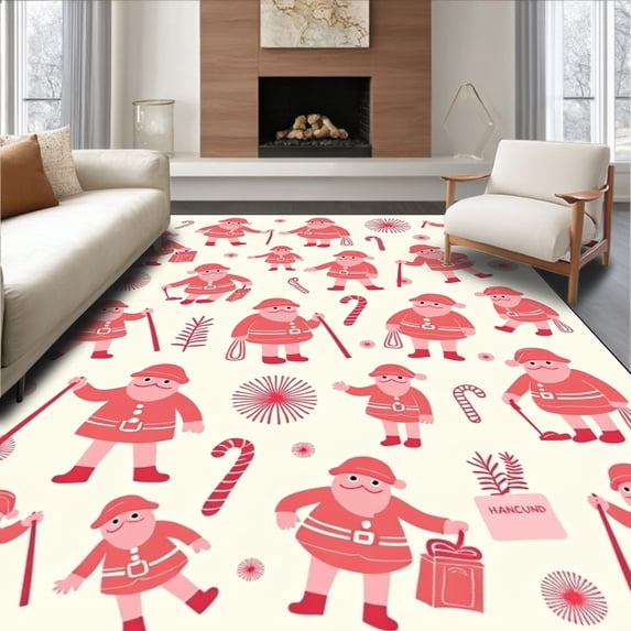 ODIKA 4'x6' Machine Washable Non-Slip Area Rug, Magical Santa Workshop Whimsical Floor Covering Yuletide Charm High Traffic Rug with Pad, Pink, 736011