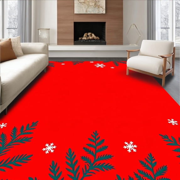 ODIKA 4'x6' Machine Washable Non-Slip Area Rug, Magical Snowy Evening Celebration Floor Decoration High Traffic Rug, Red, 611413