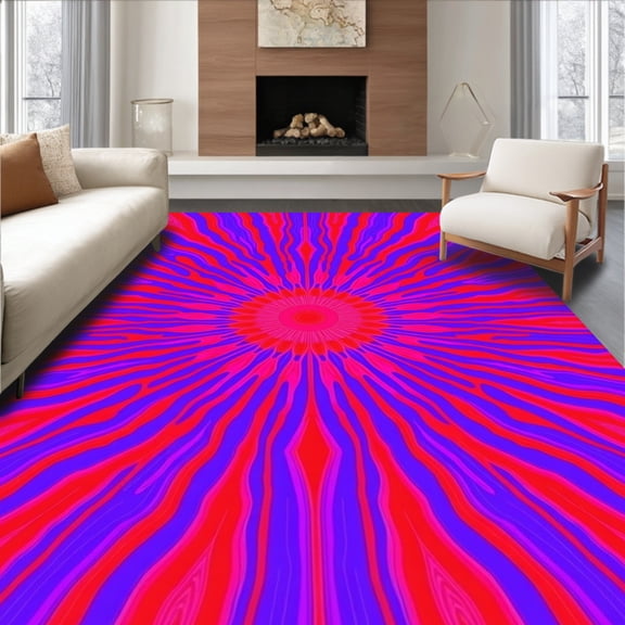 ODIKA 4'x6' Machine Washable Non-Slip Area Rug, Magical Sunburst Kaleidoscope Prismatic Wave High Traffic Rug, Red, 474487
