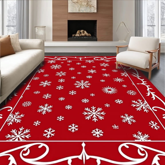 ODIKA 4'x6' Machine Washable Non-Slip Area Rug, Magical Winterscape Floral Charming Embellishment High Traffic Rug, Red, 638841