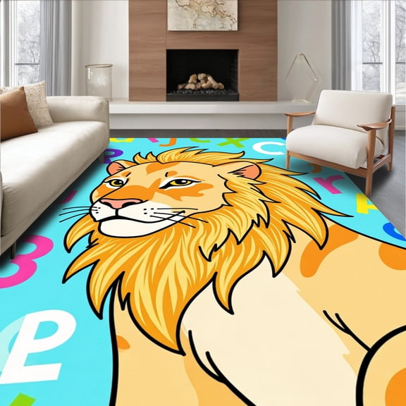 ODIKA 4'x6' Machine Washable Non-Slip Area Rug, Mane Jungle ABC Whimsical Savanna Education High Traffic Rug, Blue, 693211