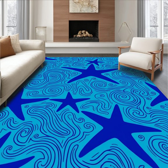 ODIKA 4'x6' Machine Washable Non-Slip Area Rug, Marine Life with Swirling Seaweed and Starfish High Traffic Rug, Blue, 716446