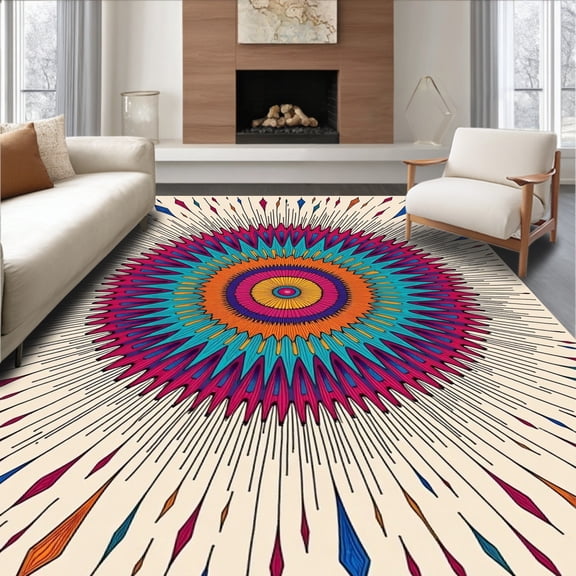 ODIKA 4'x6' Machine Washable Non-Slip Area Rug, Maximalist Kaleidoscope Burst Contemporary Floor Covering High Traffic Rug, Pink, 664269