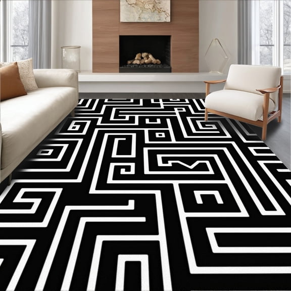 ODIKA 4'x6' Machine Washable Non-Slip Area Rug, Maze Interlocking with Black and Silver Touches High Traffic Rug, Black, 676935