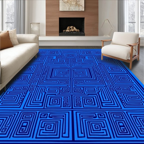 ODIKA 4x6 Machine Washable Non-Slip Area Rug, Maze Labyrinth Spiraling Interconnected Rhythmic Ancient High Traffic Rug, Blue, 593472