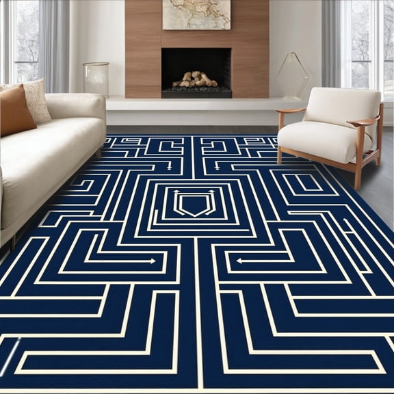 ODIKA 4'x6' Machine Washable Non-Slip Area Rug, Maze Labyrinth Transitional Artisanal High Traffic Rug, Blue, 658359