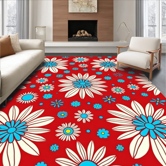 ODIKA 4'x6' Machine Washable Non-Slip Area Rug, Meadow Burst with Dancing Daisy Chain Motifs High Traffic Rug, Red, 530244
