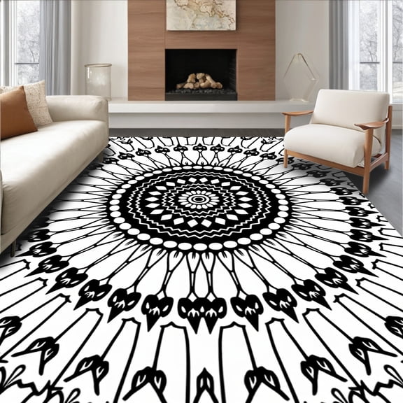 ODIKA 4'x6' Machine Washable Non-Slip Area Rug, Medallion Burst with Radiating Configuration High Traffic Rug, Black, 522058