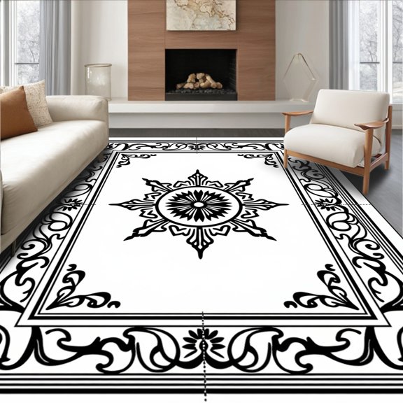ODIKA 4'x6' Machine Washable Non-Slip Area Rug, Medallion Scrollwork with Filigree Flourishes and Palace Motifs High Traffic Rug, Black, 665219