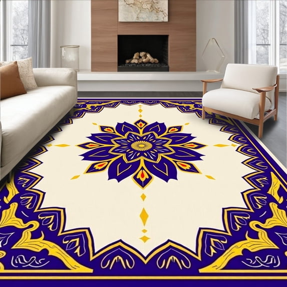 ODIKA 4'x6' Machine Washable Non-Slip Area Rug, Medallion Shag with Intricate Boho Floral Motifs High Traffic Rug with Pad, Blue, 614351