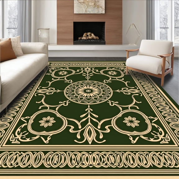 ODIKA 4'x6' Machine Washable Non-Slip Area Rug, Mediterranean Mosaic Vine Labyrinth Decorative Jewel High Traffic Rug, Green, 552424