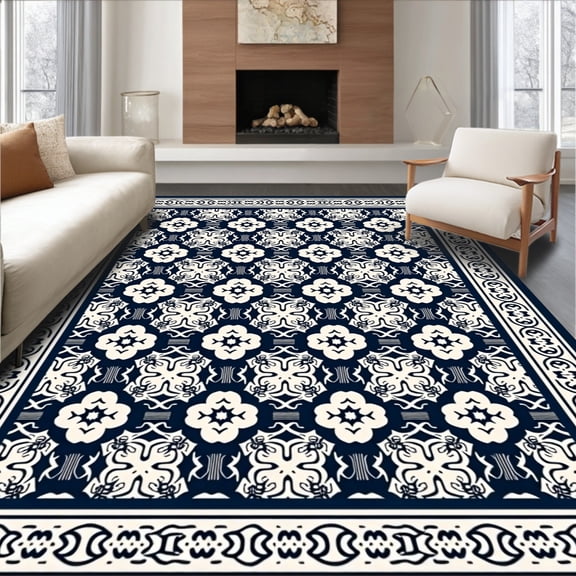 ODIKA 4'x6' Machine Washable Non-Slip Area Rug, Mediterranean Mosaic Waterproof Foldable High Traffic Rug, Blue, 716053