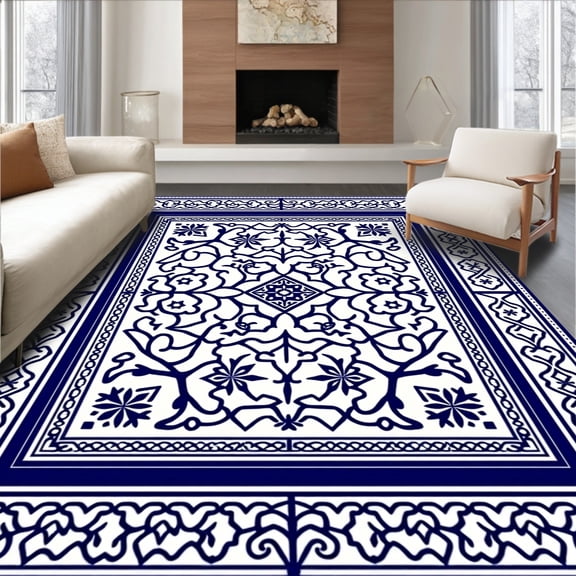 ODIKA 4'x6' Machine Washable Non-Slip Area Rug, Mediterranean Tile Mosaic Flip Design Camping High Traffic Rug, Blue, 716039