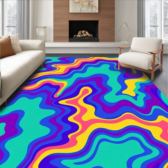 ODIKA 4'x6' Machine Washable Non-Slip Area Rug, Melting Fluid Waves Contemporary Artistic High Traffic Rug, Teal, 667233