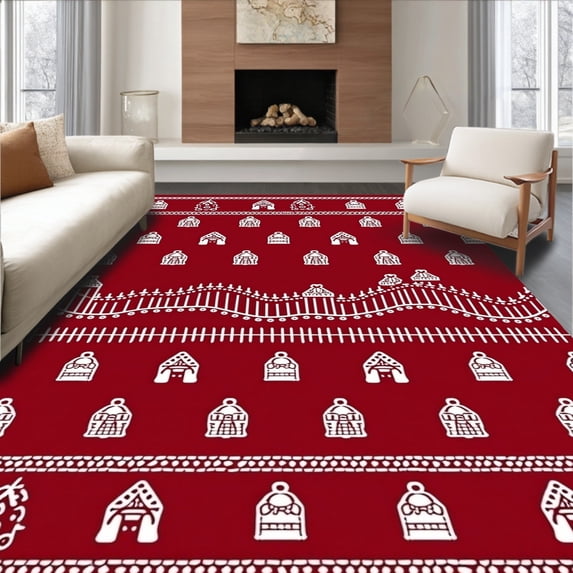 ODIKA 4'x6' Machine Washable Non-Slip Area Rug, Merry Gingerbread Village Seasonal Pathway Embellishment High Traffic Rug, Red, 505533