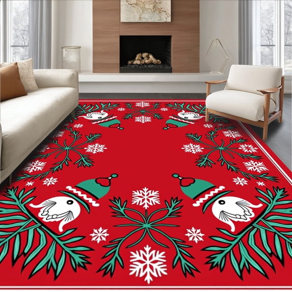 ODIKA 4'x6' Machine Washable Non-Slip Area Rug, Merry Gnome Gathering Featuring Nordic Holiday Charms High Traffic Rug with Pad, Red, 623855